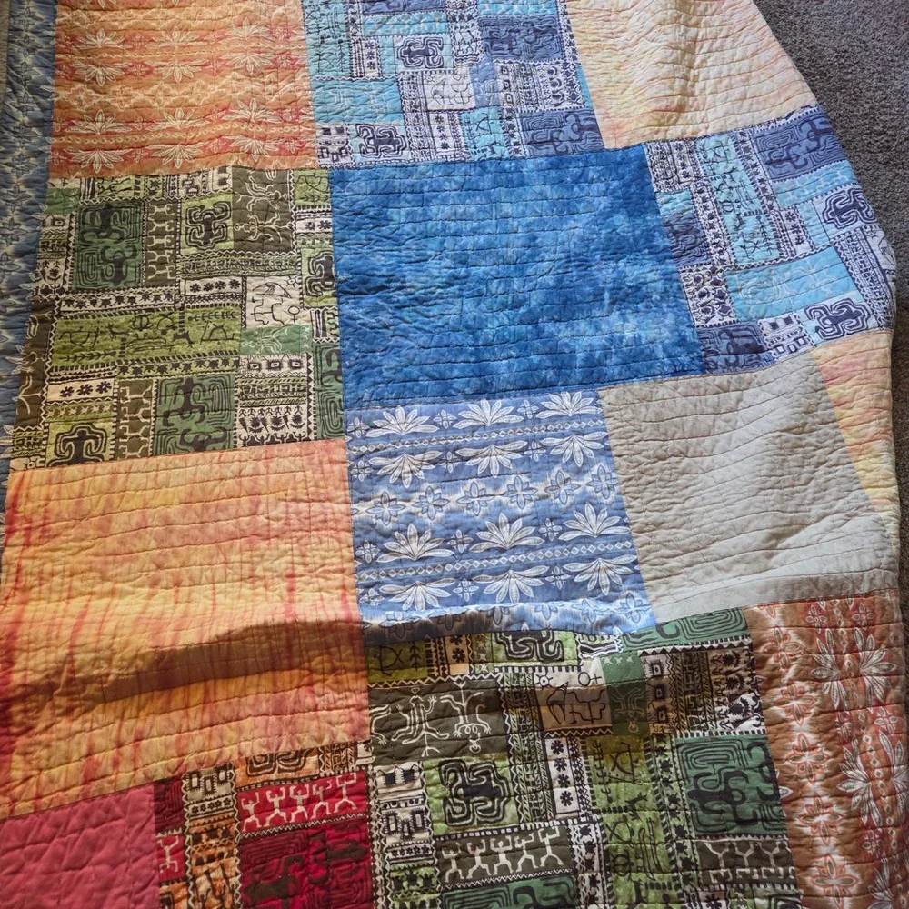 PBteen Pottery Barn Full Patchwork Quilt Tribal Tiki Floral Multicolor Blue Boho